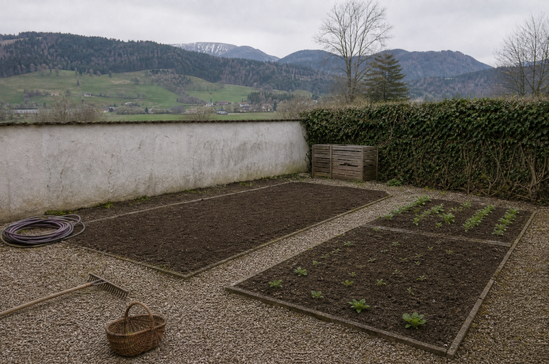 Angelegter Nutzgarten mit Beeten, Kiesweg und Gartenwerkzeug