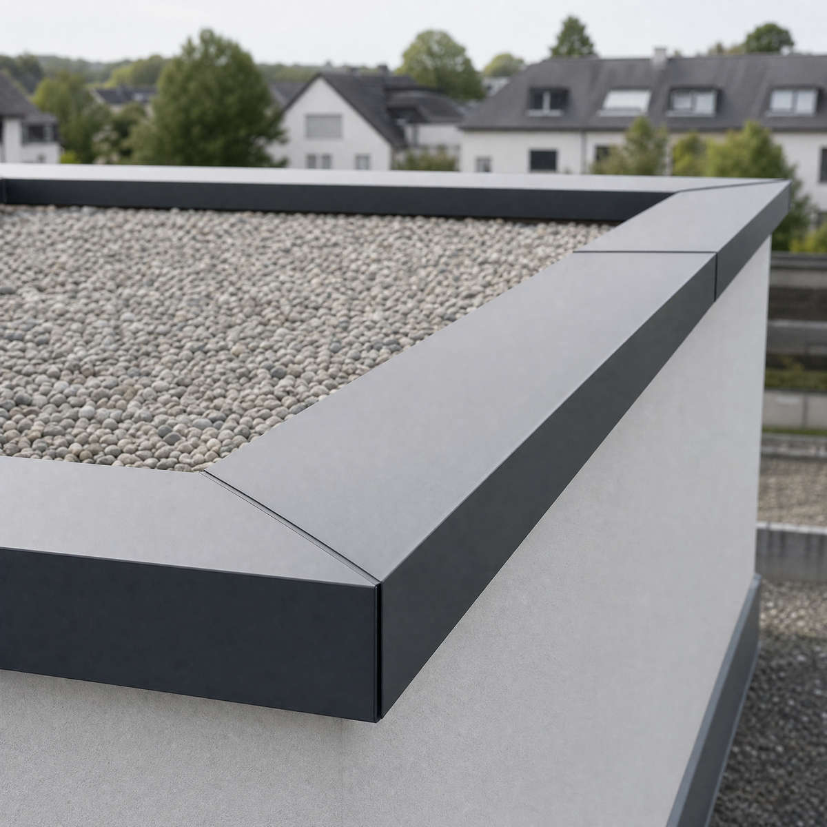 Attikaabdeckung aus Aluminium auf einer Flachdachbruestung mit vorgefertigtem Eckelement