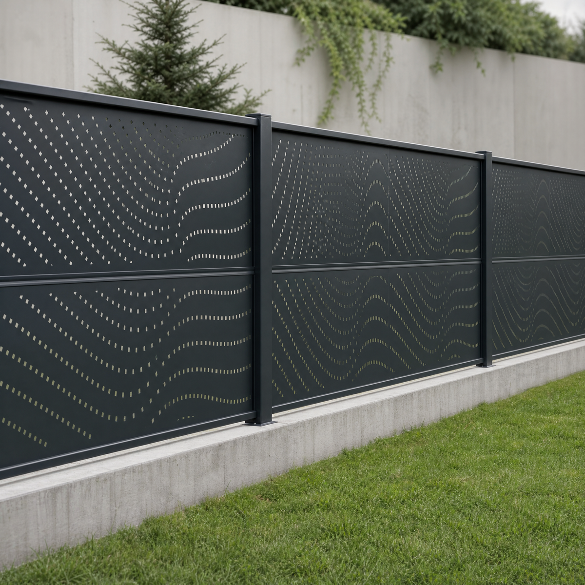 Anthrazitfarbene Zaunanlage aus Metall mit Laserschnittmuster auf Betonsockel