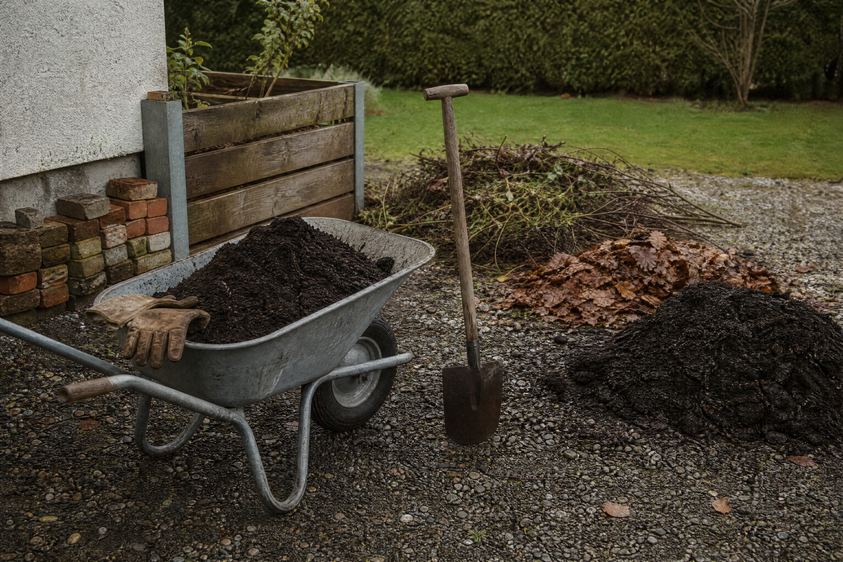 Schubkarre mit Erde, Strauchschnitt, Laub und Kompost zum Befüllen eines Hochbeets – Symbolbild