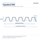 Schematische Massskizze Trapezblech TR20: Profilhoehe 20 mm, Deckbreite 1.100 mm, Zuschnittbreite 1.150 mm