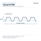 Schematische Massskizze Trapezprofil TR85: Profilhoehe 85 mm, Rippenteilung 280 mm, Deckbreite 1.120 mm